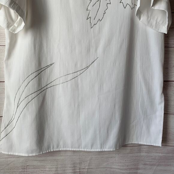 Vintage Melrose White Blouse with Silver Leaf Short Sleeve Long Size M - Picture 3 of 12